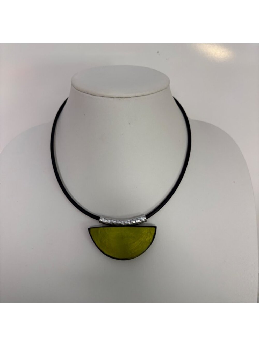 Modern Artisan Green Half-Moon Necklace Hammered Silver Accents Black Cord 18 in